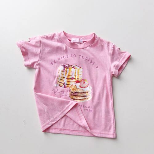 日单EAST BLUE尾货90-110女孩夏季粉色松饼印花T 恤日系软萌