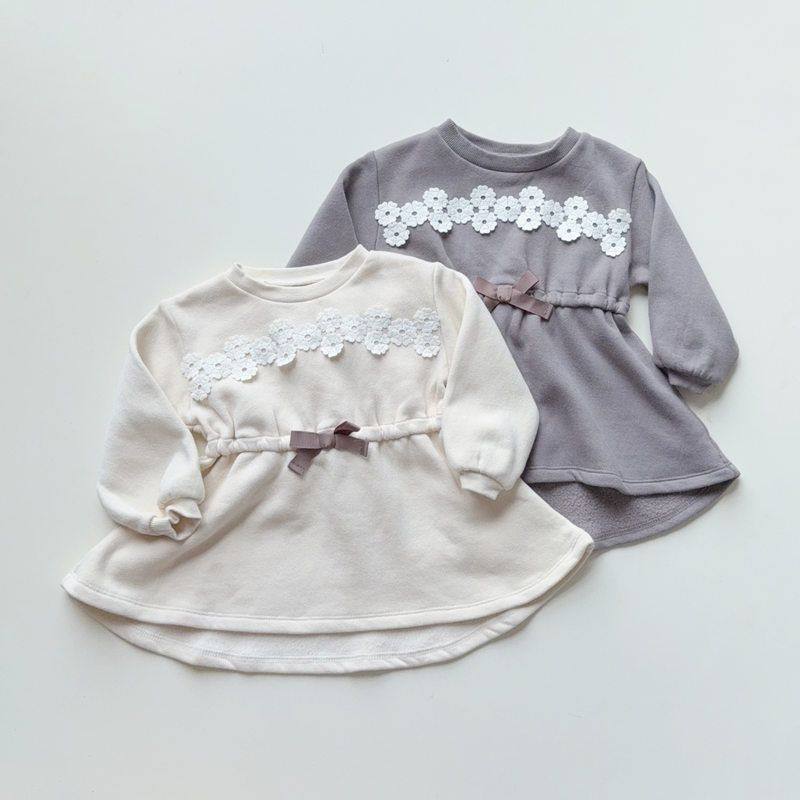 有机棉婴童80-95女宝秋冬抓绒卫衣裙立体花中长款卫衣保暖日单