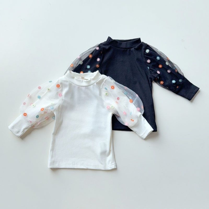 特价日单新品80-160女童长袖T恤上衣纱纱袖刺绣花修身打底