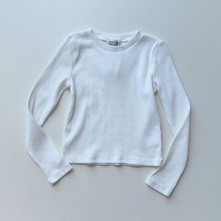 圆领T恤上衣打底短款 160女孩长袖 坑条白色百搭 140 日单尾货特价