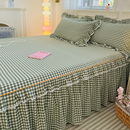 韩版 1.8m三件套花边床单防滑床保护套 床裙水洗棉格子床罩单件1.5
