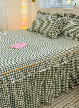 韩版床裙水洗棉格子床罩单件1.5/1.8m三件套花边床单防滑床保护套