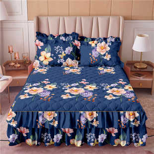 2024年新款加厚床罩床裙式单件纯棉夹棉床围裙罩公主风花边三件套