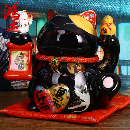 日本招财猫摆件 大号黑色招财猫开业礼品陶瓷储蓄罐创意礼物