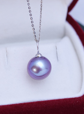 淡水白紫珍珠11-12mm正圆强光细微瑕S925银女性吊坠项链