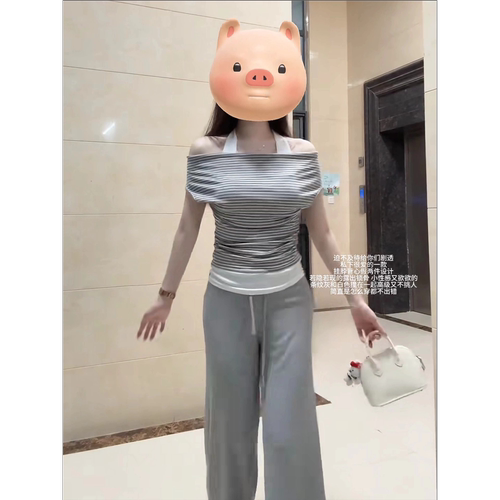 夏季条纹一字肩假两件显瘦T恤