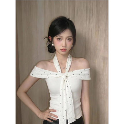 波点系带一字肩短袖T恤女夏季新款甜酷辣妹风修身显瘦设计感上衣