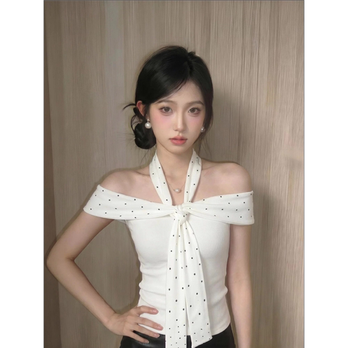 夏季甜酷辣妹波点一字肩显瘦T恤