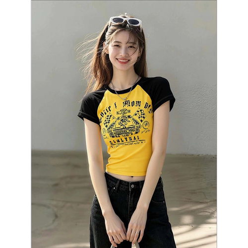 美式复古撞色插肩字母短袖T恤女