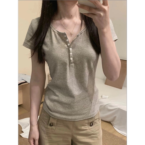 韩系亨利领条纹短袖T恤女显瘦