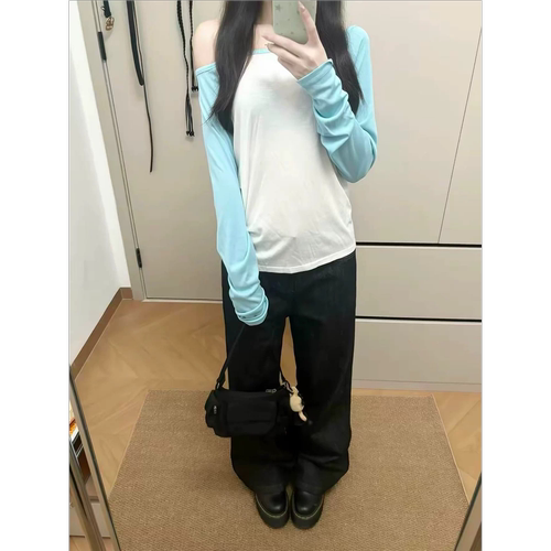 清冷感韩系斜肩长袖修身显瘦T恤
