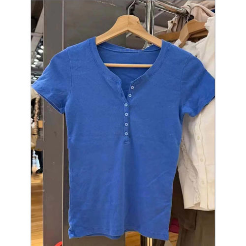 宝蓝六粒扣修身显瘦短袖T恤女