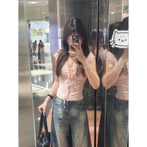 韩系粉色波点蕾丝V领短袖T恤