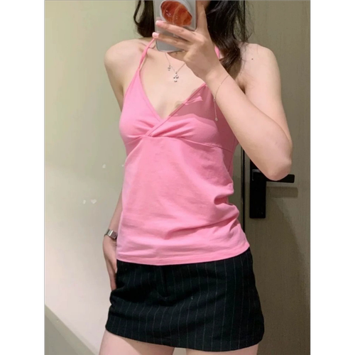 夏季粉色辣妹V领挂脖修身背心