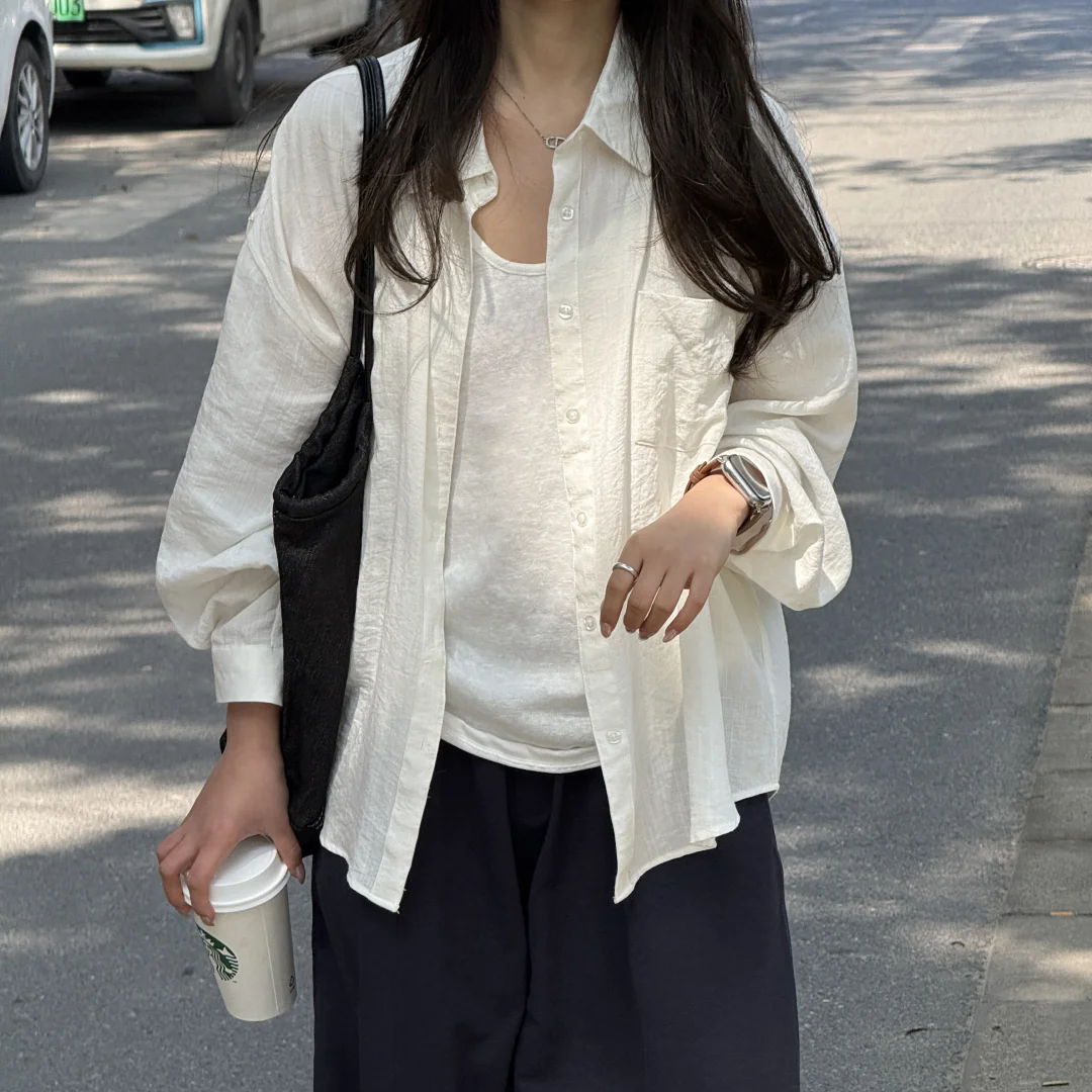白色亚麻老钱风衬衫女春夏季慵懒松弛高级感棉麻衬衣开衫上衣罩衫