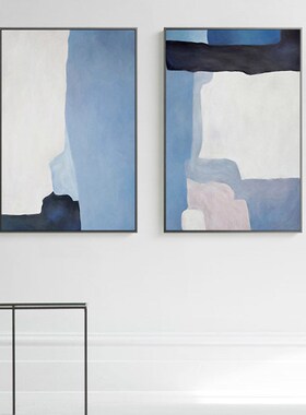 灰与蓝北欧现代简约抽象两联装饰画客厅沙发背景墙挂画卧室餐厅壁