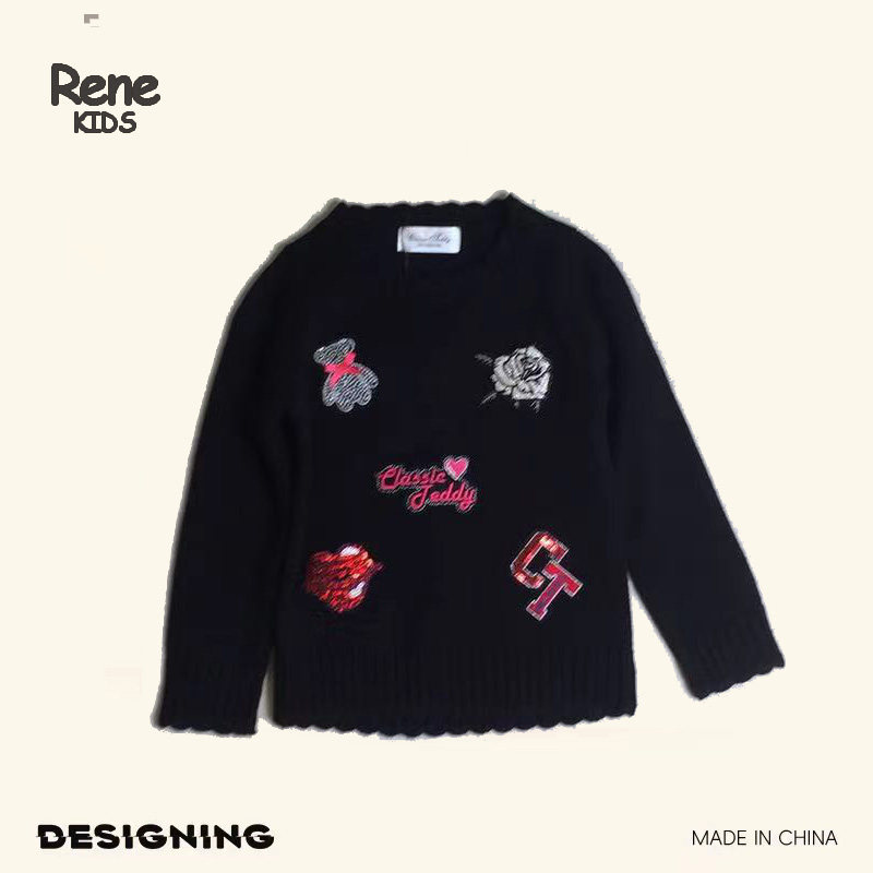 【RENE】女童儿童花朵刺绣泰迪黑色含羊毛毛衣