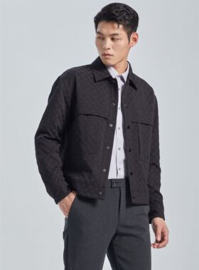 G4QJK8011Y利家夹克男士春秋季格纹肌理时尚翻领休闲黑色男装外套