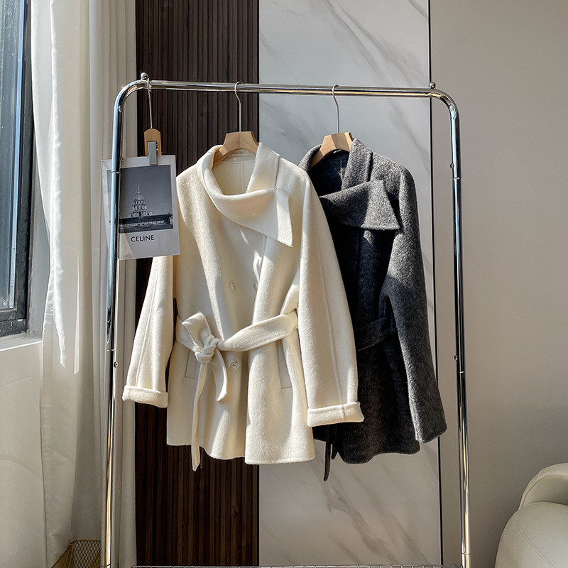 五十而立『巴黎画报』网红同款全羊毛围巾领双面绒大衣中长款腰带