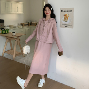 粉色休闲卫衣连衣裙马甲套装女2025春季新款学院风宽松工装两件套
