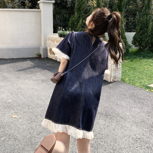 小个子花边拼接牛仔连衣裙女2025夏季新款韩系甜美设计感宽松短裙图片