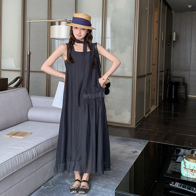 黑色方领无袖背心连衣裙女2025夏季新款飘带木耳边拼接高级感长裙,女装连衣裙,浙宝289