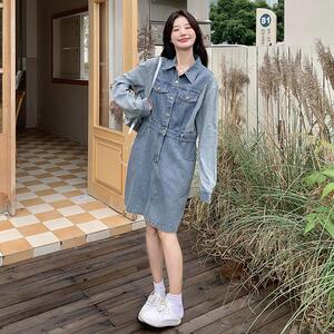 条纹拼接长袖牛仔连衣裙女2025春季新款法式设计感小众显瘦衬衫裙图片
