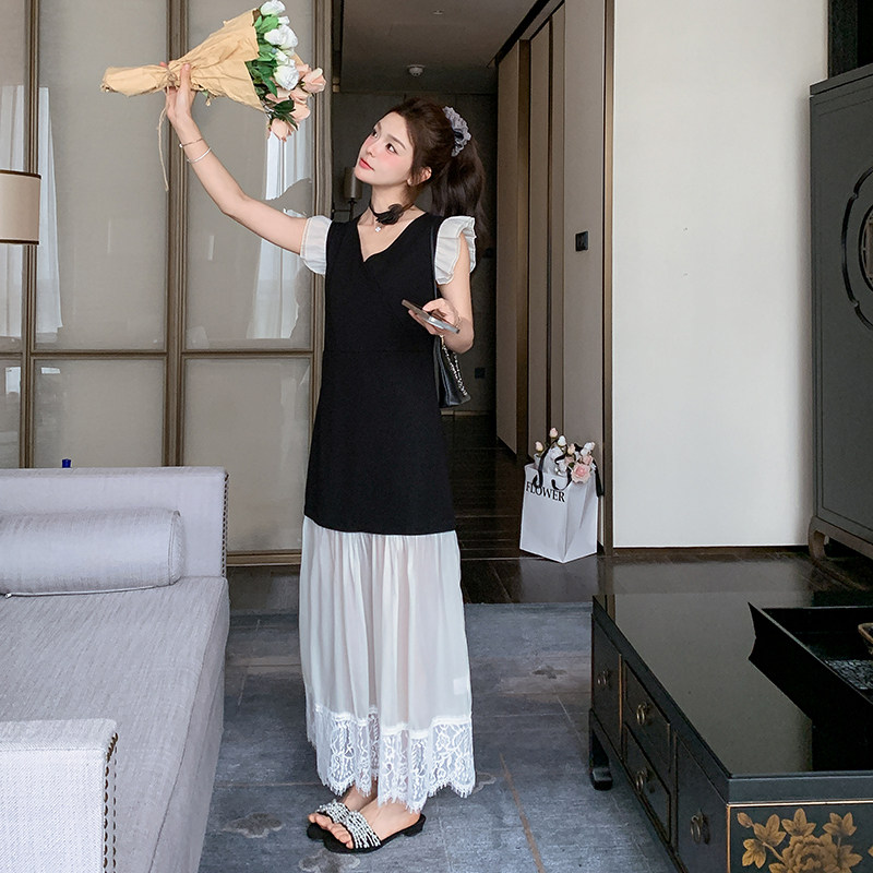 法式黑色拼接蕾丝连衣裙女夏2025新款独特漂亮今年流行巨好看长裙,女装连衣裙,浙宝289
