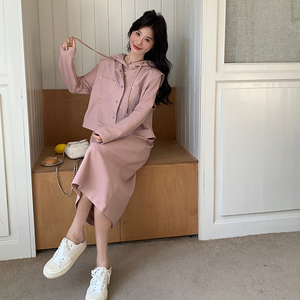 粉色休闲卫衣连衣裙马甲套装女2025春季新款学院风宽松工装两件套图片