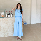 慵懒风蓝色上衣阔腿裤套装女2025夏季新款法式甜美气质减龄两件套，女装套装/套裙，浙宝289