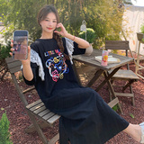 黑色卡通印花连衣裙夏女2024新款韩系学院风宽松蕾丝拼接T恤长裙，女装连衣裙，浙宝289