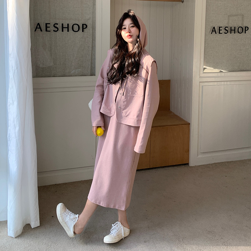 粉色休闲卫衣连衣裙马甲套装女2025春季新款学院风宽松工装两件套,女装套装/套裙,浙宝289