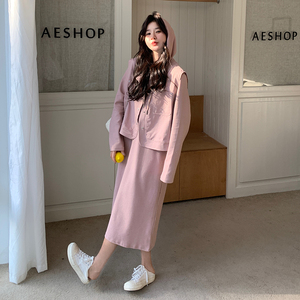 粉色休闲卫衣连衣裙马甲套装女2025春季新款学院风宽松工装两件套图片