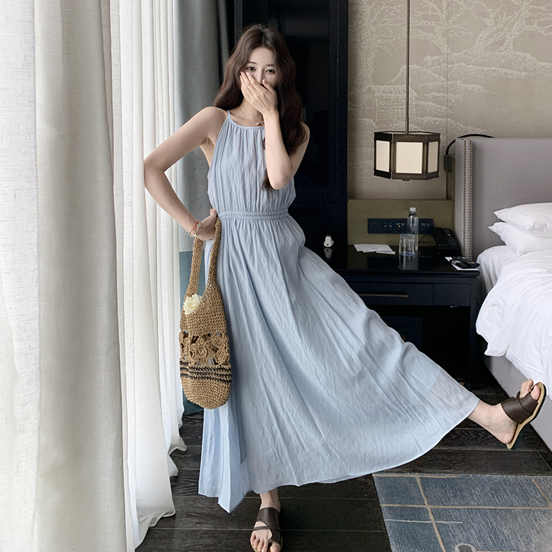 独特漂亮绝美蓝色无袖连衣裙女夏2025超火好看收腰背心长裙到脚踝，女装连衣裙，浙宝289