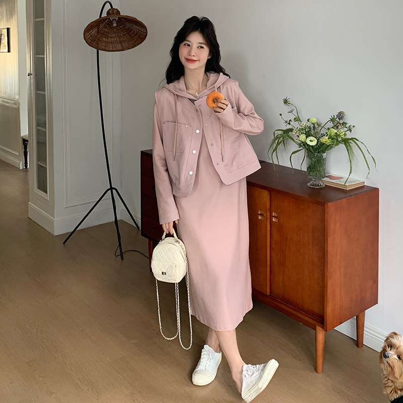 粉色休闲卫衣连衣裙马甲套装女2025春季新款学院风宽松工装两件套，女装套装/套裙，浙宝289