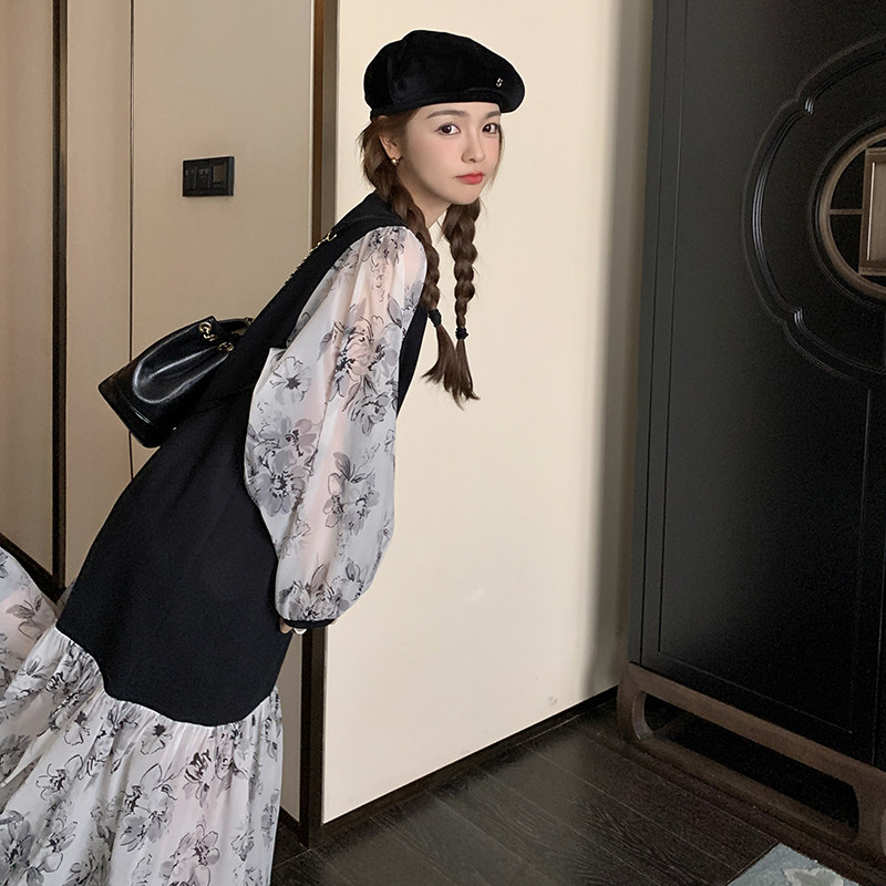 法式圆领假两件连衣裙女2025春秋新款网红碎花拼接长袖宽松鱼尾裙,女装连衣裙,浙宝289