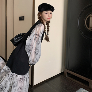 法式圆领假两件连衣裙女2025春秋新款网红碎花拼接长袖宽松鱼尾裙图片