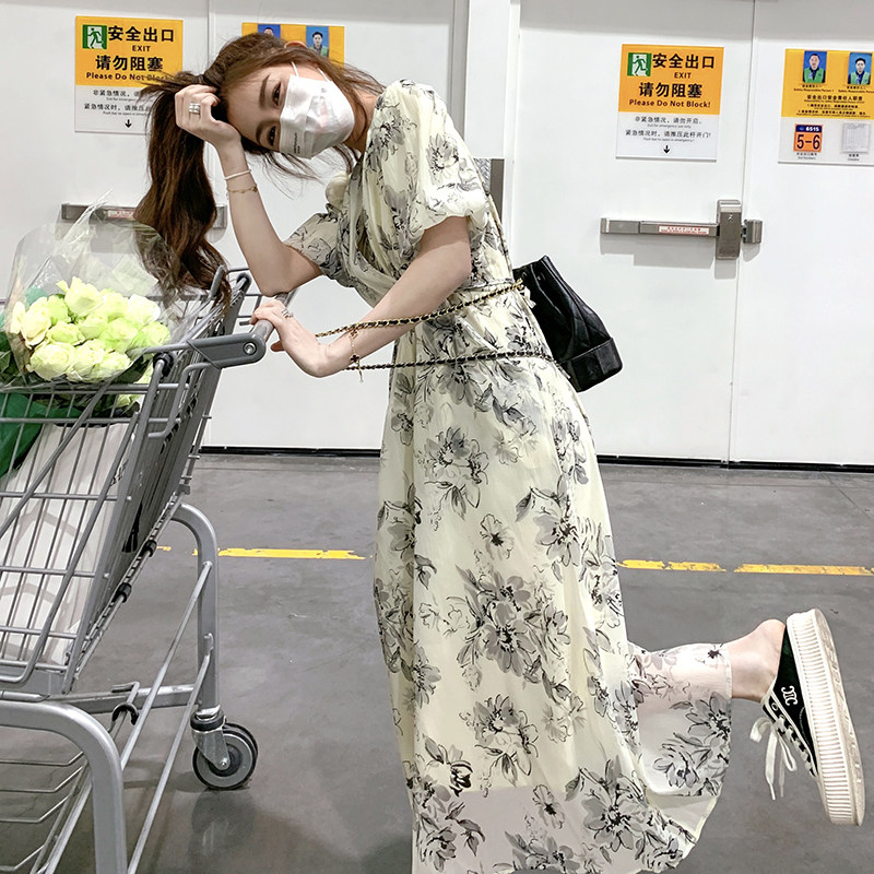 新中式复古爆款水墨画V领碎花连衣裙女2024夏季新款收腰显瘦长裙,女装连衣裙,浙宝289