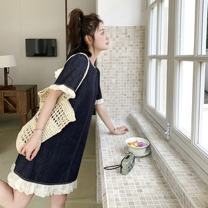 小个子花边拼接牛仔连衣裙女2025夏季新款韩系甜美设计感宽松短裙图片