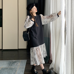 法式圆领假两件连衣裙女2025春秋新款网红碎花拼接长袖宽松鱼尾裙图片