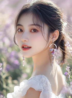 防过敏原创设计耳坠气质纯银女耳环波西米亚紫色长款耳饰超仙圈圈