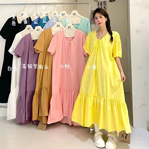 大7女装32259夏季新款韩版宽松大码胖mm休闲慵懒风V领短袖连衣裙