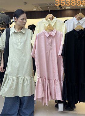 幕茄35389夏韩版宽松大码胖mm慵懒风不规则荷叶边短袖衬衫连衣裙