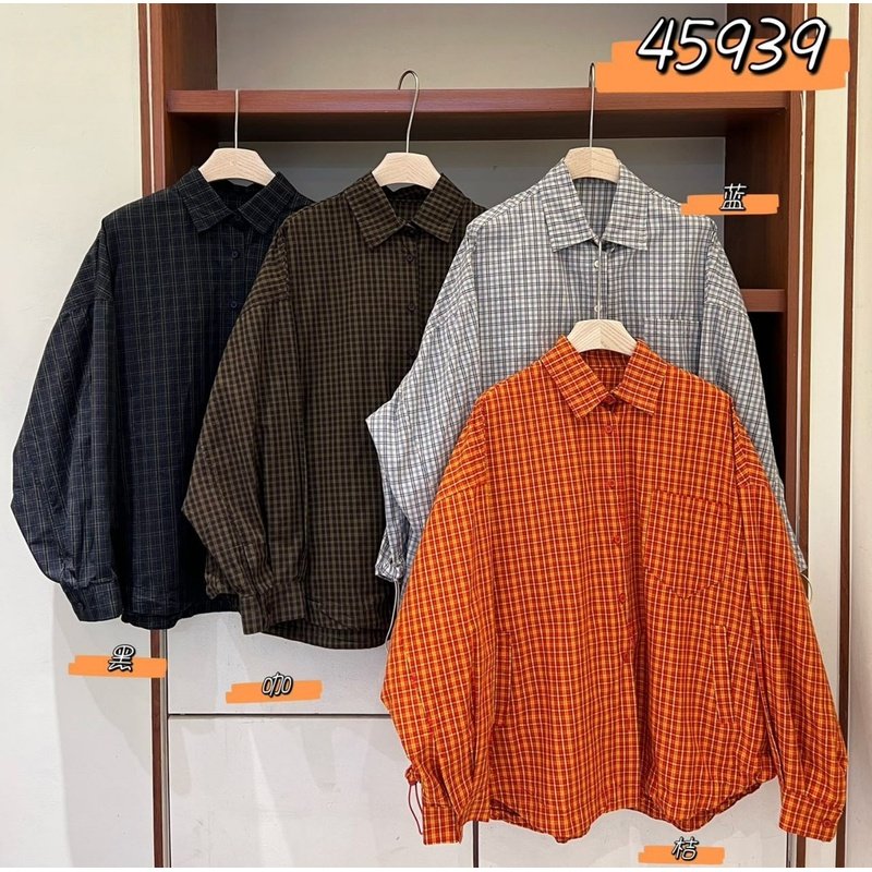 胖mm休闲风复古格子抽绳长袖衬衫