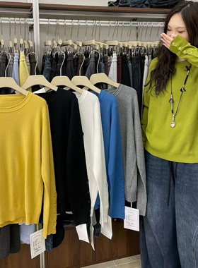 becabeau女6568冬韩版宽松大码胖mm慵懒风袖子排扣圆领针织打底衫