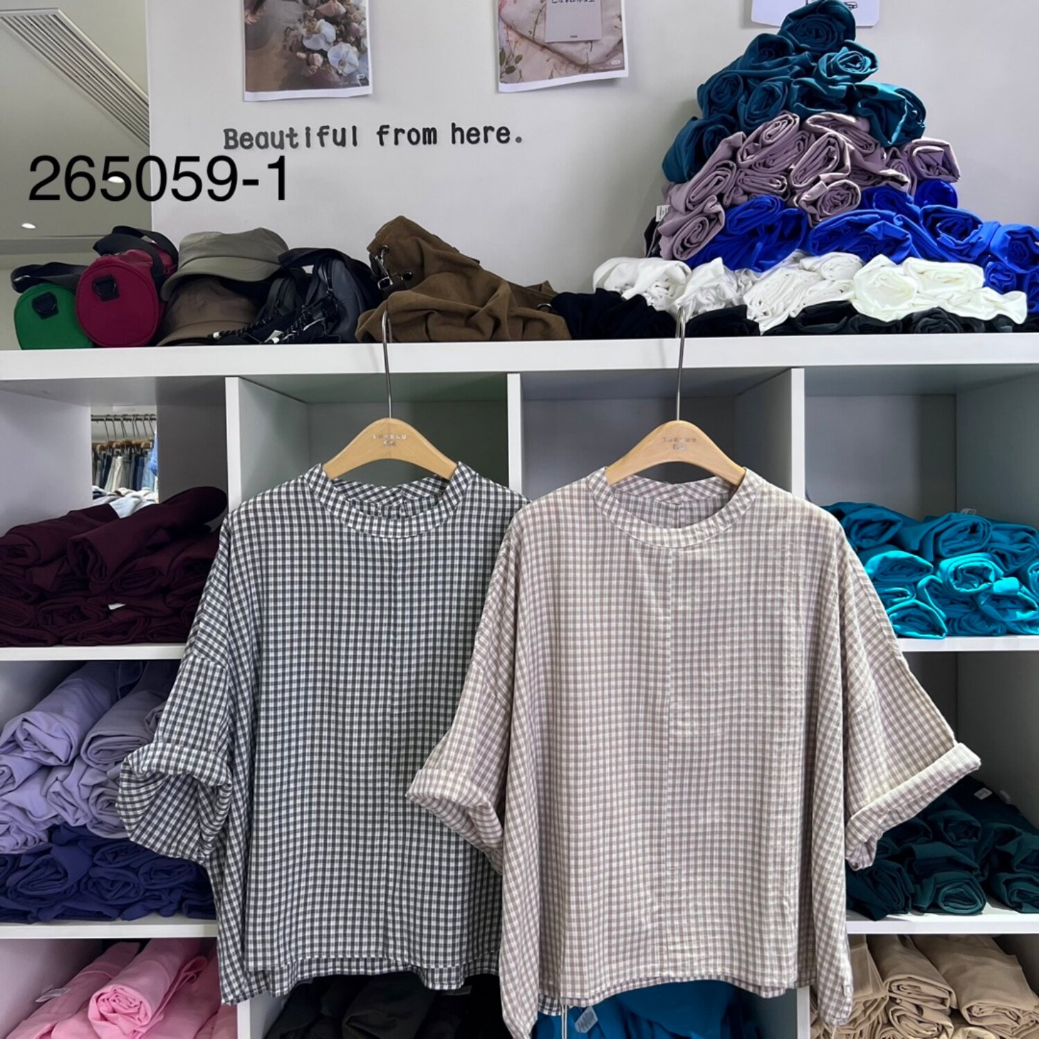 九石女265059-1夏季韩版宽松大码胖mm慵懒休闲风格子套头短袖衬衫