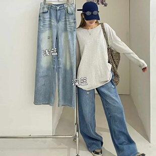 大7女装 宽松大码 胖mm休闲复古做旧磨破牛仔阔腿长裤 569春高腰韩版