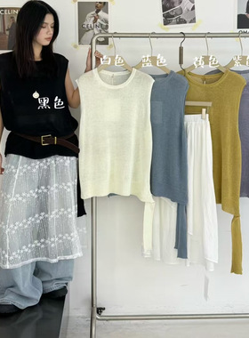 幕茄50579春夏韩版宽松大码胖mm慵懒风叠穿绑带开叉针织马甲背心