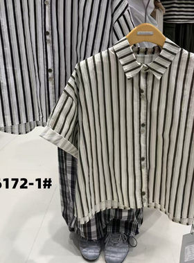 becabeau女36172夏季新款韩版宽松大码胖mm休闲短袖条纹衬衫上衣