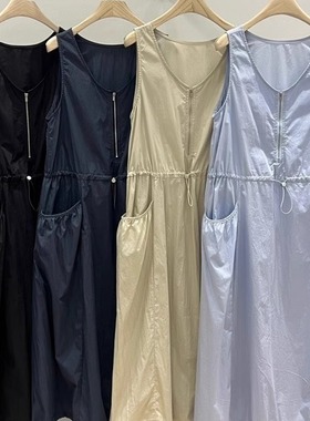 WE女45836夏季新款韩版宽松大码胖mm休闲慵懒风抽绳无袖连衣长裙